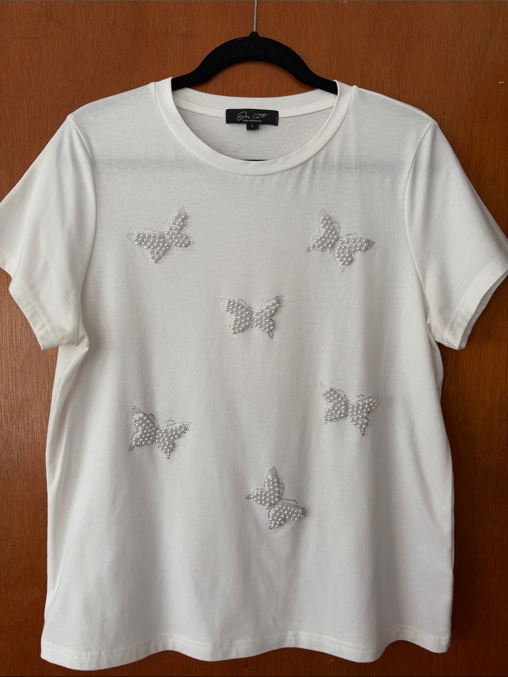 Pearl and Rhinestone Embellished Butterfly Crewneck Tee